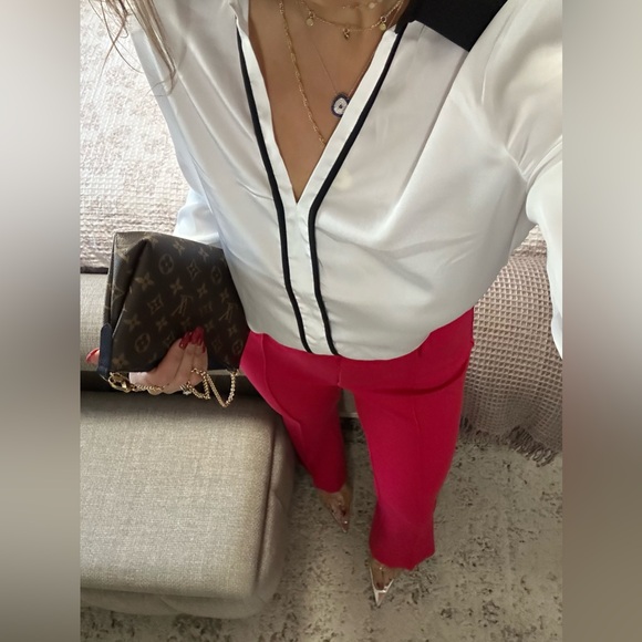 New♥️ Parisian Polish BLACK & WHITE TRIM BLOUSE - Picture 5 of 6